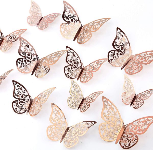 24pcs 3D Butterfly Wall Stickers 3 Sizes Butterfly Wall Decals Room Wall Decoration for Bedroom Party Wedding Decors(Rose Gold)