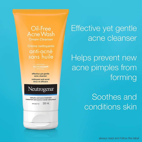 Neutrogena Acne Face Wash, Oil Free Cream Facial Cleanser with Salicylic Acid For Acne & Blackheads, 200ml