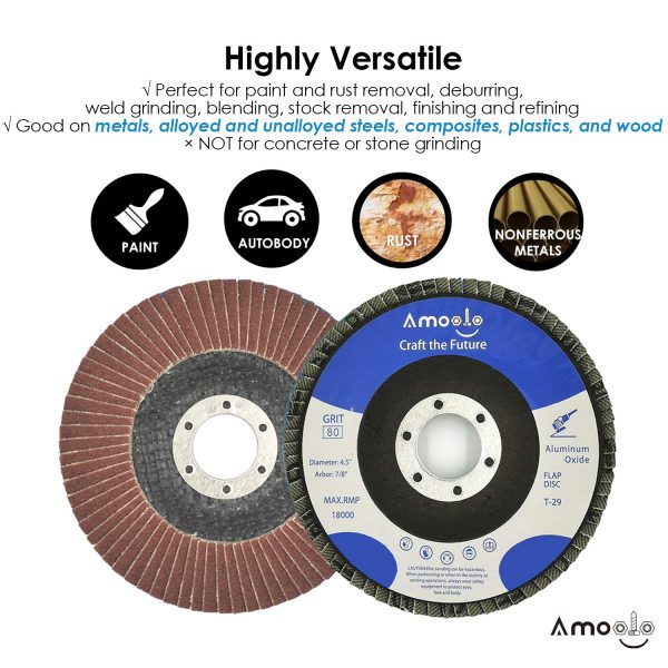 amoolo 4 1/2 Flap Disc (20 Pack), T29 Aluminum Oxide Angle Grinder Sanding Disc (40 60 80 120 Grit), Abrasive Grinding Wheel (7/8 inch Arbor Size) - Image 6