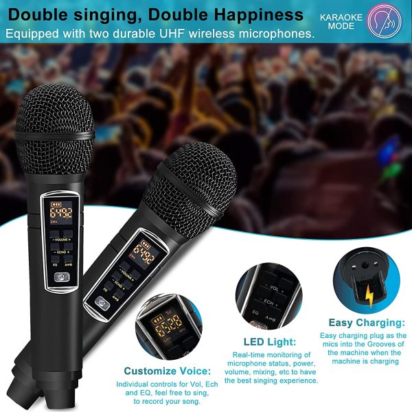 Karaoke Machine, ALPOWL Portable PA Speaker System with 2 Wireless Microphone for Home Party, Meeting, Wedding, Church, Picnic, Outdoor/Indoor [Black]