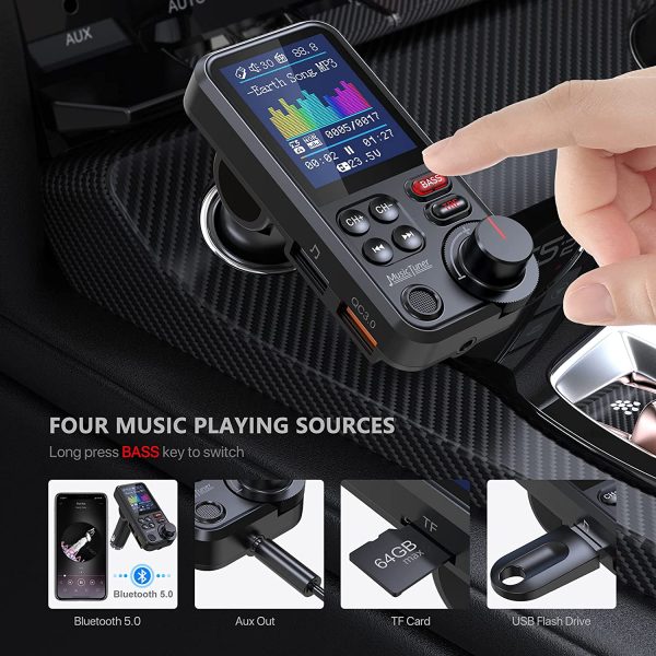 Car Bluetooth Transmitter, Strong Microphone Bluetooth Car Radio Adapter with 1.8" Color Screen for Hands Free Calls, Supports QC3.0 Charging, Treble and Bass Sound Music Player- KM30 - Image 6