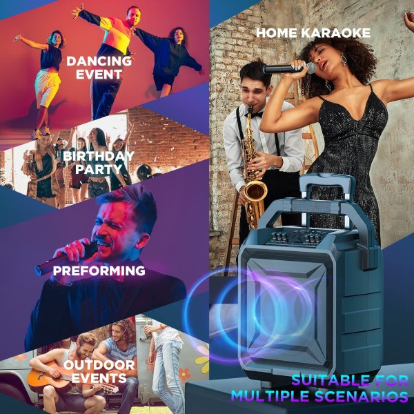 Portable PA System, Powerful 600W PMPO, 8" Woofer, Rechargeable Karaoke Machine with 3'' Tweeter Speaker, Deep Bass/Treble, EQs/Echo, Works with Bluetooth/Mic/AUX/FM/USB, Telescopic Handle/Wheels Speaker for Dancing/Gym - Image 2