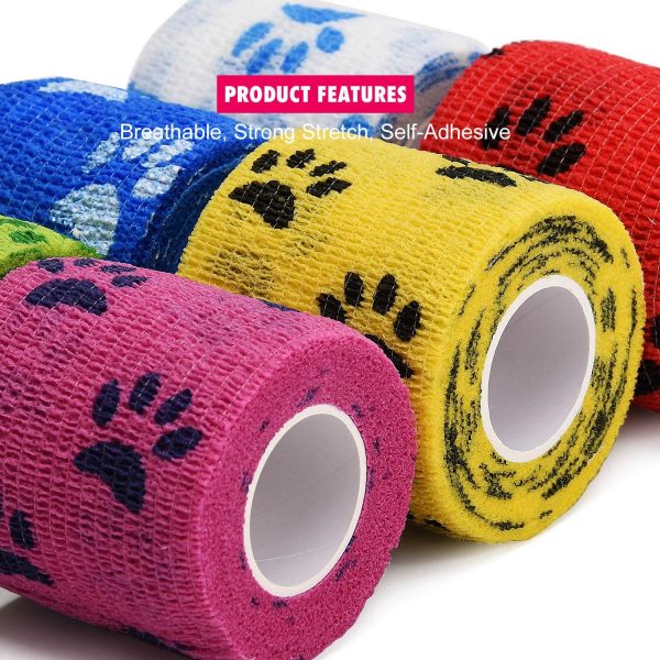 TOBWOLF 6PCS First Aid Cohesive Bandage, 2" x5yd / 5cmx4.5m Self Stick Adhesive Tape Roll, Elastic & Breathable First Aid Bandage for Pet Dog Cat Animal Wound - 6 Assorted Colors