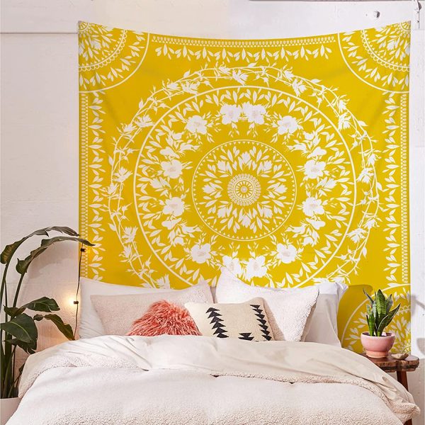 Simpkeely Sketched Floral Medallion Tapestry, Trippy Mandala Wall Hanging Yellow Tapestries, Indian Boho Art Print Mural for Bedroom Living Room Dorm Home Décor 59.1 x 59.1 Inches (Mustard Yellow) - Image 6