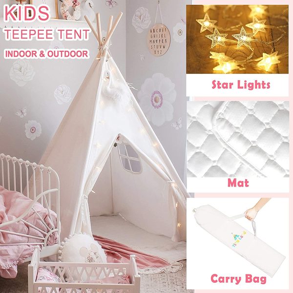 Tiny Land Kids Teepee Tent-Toys for 3,4,5,6 Year Old Girls-Kids Foldable Play Tent with Mat & Light String & Carry Case, White Canvas Teepee Indoor Outdoor Games-Kids Playhouse-Kids Tent - Image 2