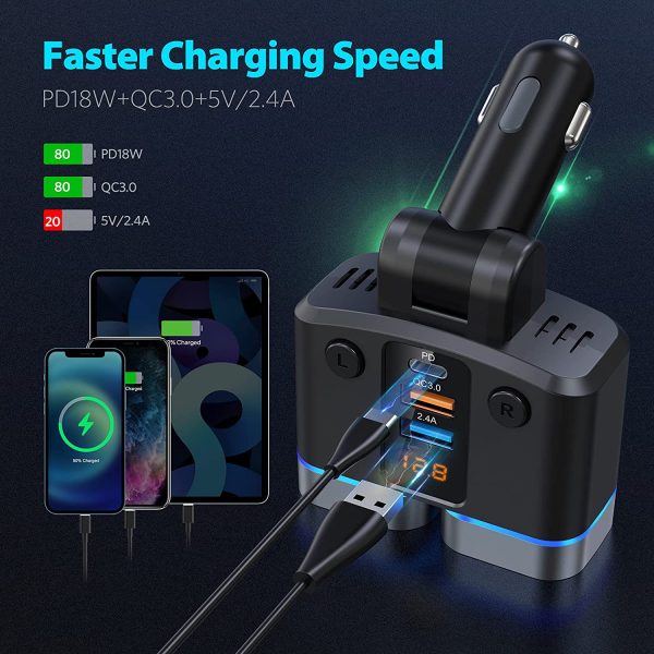 Car Charger Adapter, 2 Sockets Cigarette Lighter Splitter, 150W USB Fast Car Charger with Type-C/QC3.0/2.4A, Separate Switches, 15A Replaceable Fuse for GPS/Dash Cam/Phone/iPad - Image 5