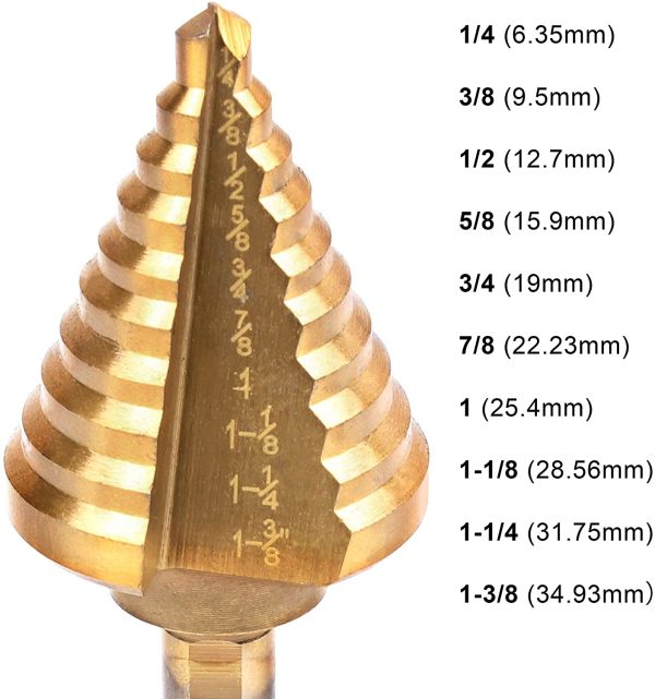 Yangoutool Titanium Step Drill Bit,HSS 10 Steps from 1/4"-1-3/8" Inches with Safe Plastic Case 商品名称 - Image 2