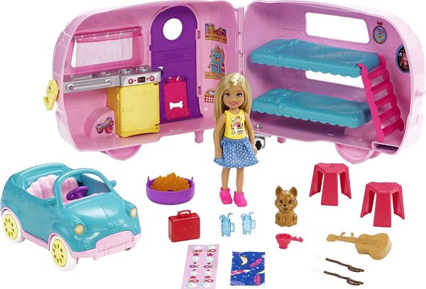 Barbie Club Chelsea Camper Playset with Chelsea Doll, Puppy, Car, Camper, Firepit, Guitar and 10 Accessories, Gift for 3 to 7 Year Olds