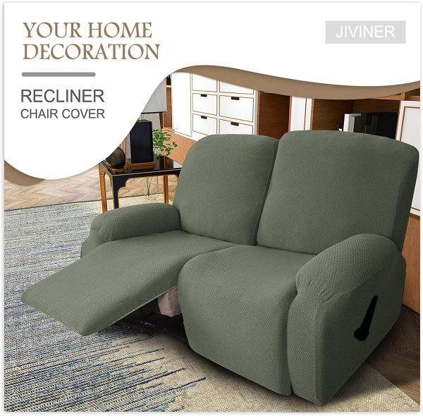 Newest Design 6-Piece Recliner Sofa Cover Stretch Jacquard Reclining Couch Covers for 2 Seater Sofa Slipcovers for Living Room Soft Recliner Protector with Pocket (Loveseat Recliner, Army Green)