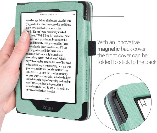 kwmobile Case Compatible with Kobo Clara HD - Case PU Leather Cover with Magnet Closure, Stand, Strap, Card Slot - Sleeping Owl Turquoise/Brown/Mint - Image 4