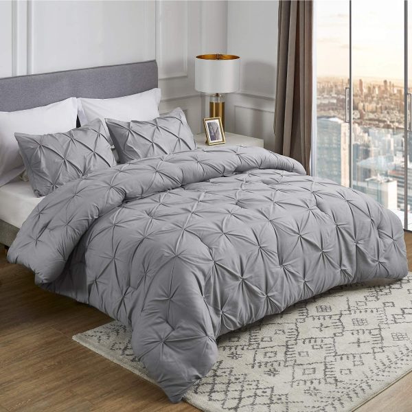 Bedsure King Size Comforters Set Grey Pintuck 102x90 - 3 Pieces Pinch Pleat Bedding Sets King Bed Set