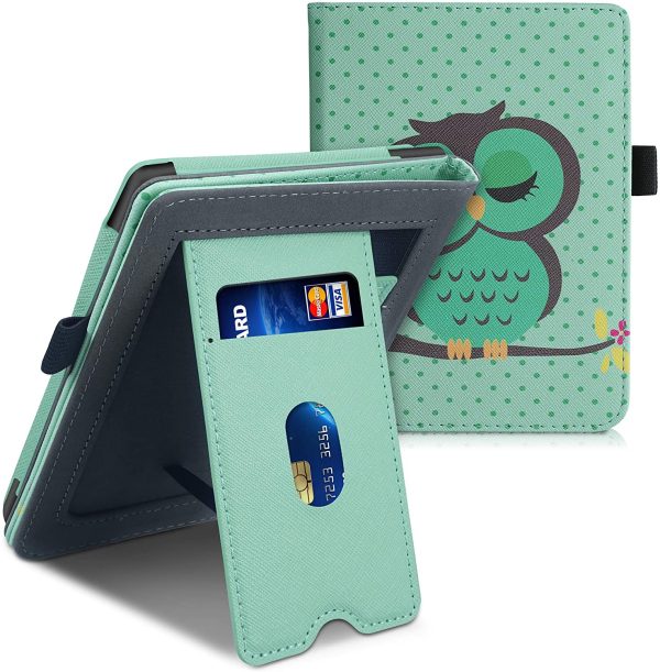 kwmobile Case Compatible with Kobo Clara HD - Case PU Leather Cover with Magnet Closure, Stand, Strap, Card Slot - Sleeping Owl Turquoise/Brown/Mint