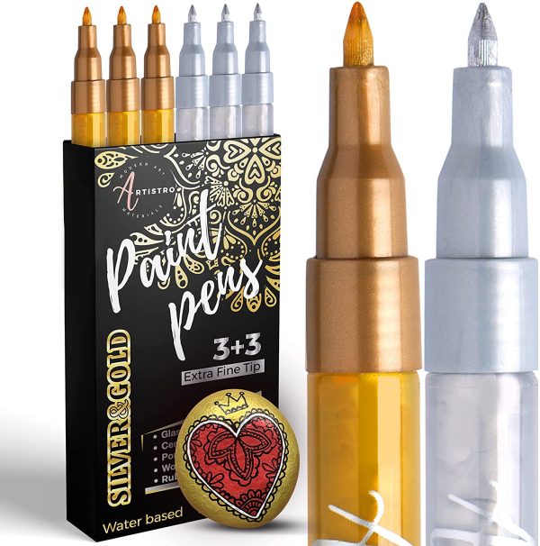 Acrylic Paint Pens for Rock Painting, Stone, Ceramic, Glass, Wood, Fabric, Canvas, Metal, Scrapbooking. (6 Pack) Set of 3 Gold & 3 Silver Acrylic Paint Markers Water- Based Extra-Fine Tip 0.7mm - Image 4