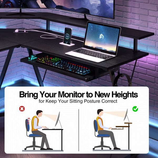 Computer Desk L-Shaped with Power Outlet and USB Port, 54" x 54" Corner Gaming Desk with Monitor Stand and Keyboard Tray, Home Office Desk with Hook, Black - Image 7