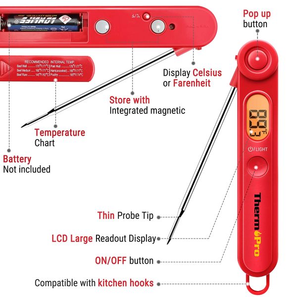 ThermoPro TP03B Digital Instant Read Meat Thermometer Kitchen Cooking Food Candy Thermometer with Backlight and Magnet for Oil Deep Fry BBQ Grill Smoker Thermometer - Image 5