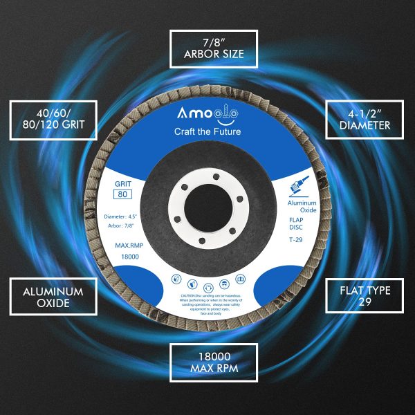 amoolo 4 1/2 Flap Disc (20 Pack), T29 Aluminum Oxide Angle Grinder Sanding Disc (40 60 80 120 Grit), Abrasive Grinding Wheel (7/8 inch Arbor Size) - Image 5