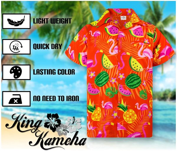 King Kameha Funky Hawaiian Shirt Men Shortsleeve Frontpocket Hawaiian-Print Melon Flamingo Fruits - Image 2