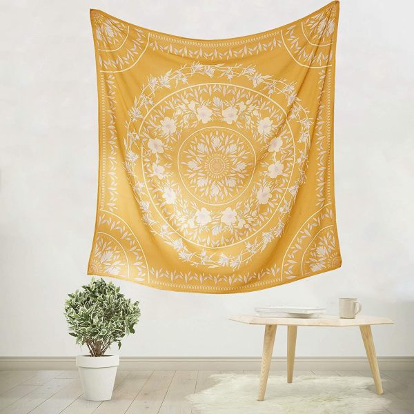 Simpkeely Sketched Floral Medallion Tapestry, Trippy Mandala Wall Hanging Yellow Tapestries, Indian Boho Art Print Mural for Bedroom Living Room Dorm Home Décor 59.1 x 59.1 Inches (Mustard Yellow) - Image 4