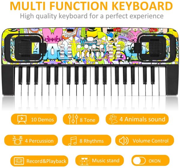 M SANMERSEN Piano for Kids, Piano Keyboard Kids Music Keyboards 37 Keys Electronic Pianos with Music Book Bracket Musical Toys for Beginners 3-8 Years Old Girls Boys