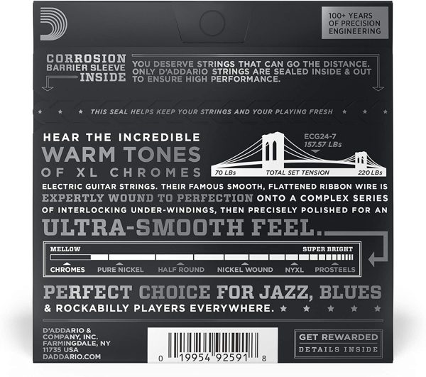 D'Addario ECG24-7 Chromes Flat Wound 7-String Electric Guitar Strings, Jazz Light, 11-65 - Image 5