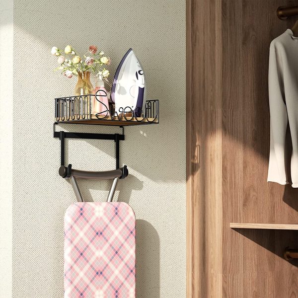 SRIWATANA Ironing Board Hanger Wall Mount, Iron & Ironing Board Holder with Wooden Base - Carbonized Black - Image 3