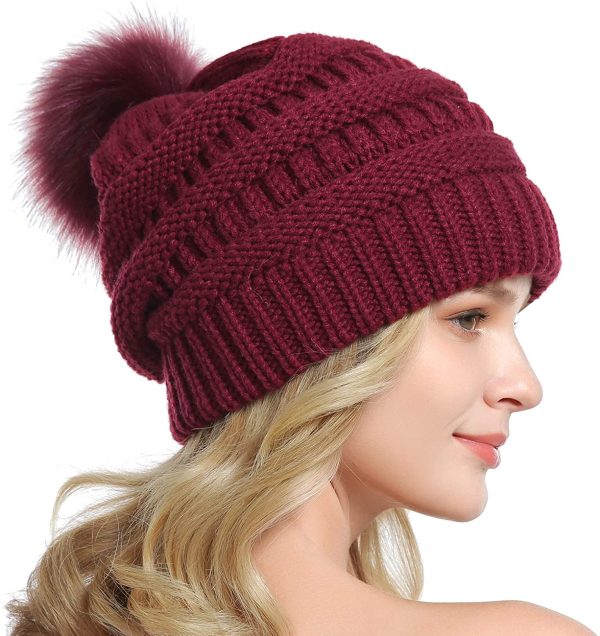 Queenfur Knit Slouchy Beanie for Women Thick Baggy Hat Faux Fur Pompom Winter Hat - Image 2