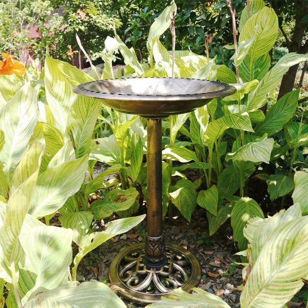 Polyresin Antique Outdoor Golden Garden Bird Bath and Solar Powered Round Pond Fountain Combo Set - Image 7