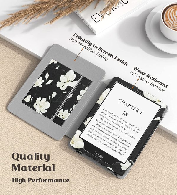 Case for 6.8" Kindle Paperwhite (11th Generation-2021) and Kindle Paperwhite Signature Edition, Slim PU Shell Cover Case with Auto-Wake/Sleep for Kindle Paperwhite 2021, Black & White Magnolia