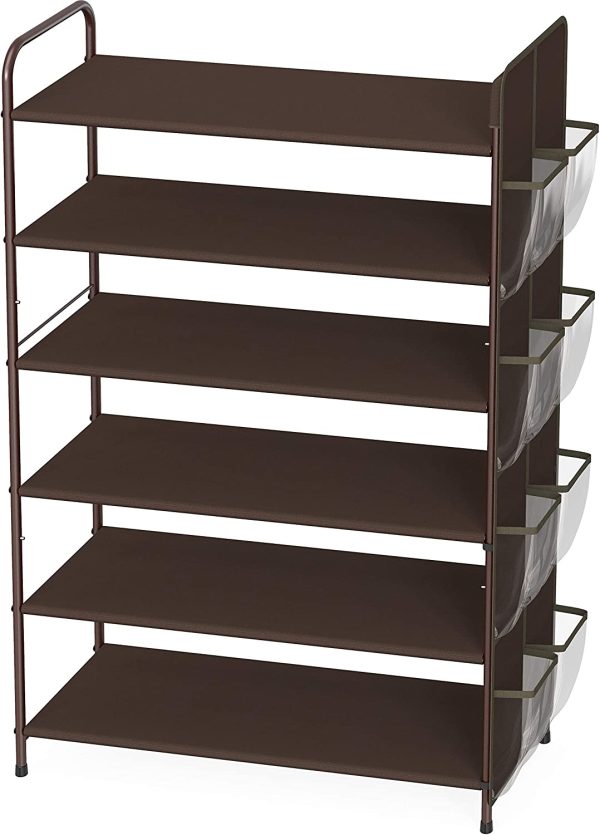 SimpleHouseware 6-Tier Shoe Rack Storage Organizer 34-Pair w/Side Hanging Bag, Bronze