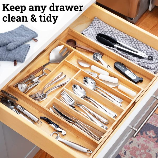 Premium Bamboo Drawer Organizer, Silverware Organizer, 100% Pure Bamboo, Adjustable Utensil Organizer, Kitchen Drawer Organizer, Silverware Tray for Drawer (7-9 Slots) - Image 3