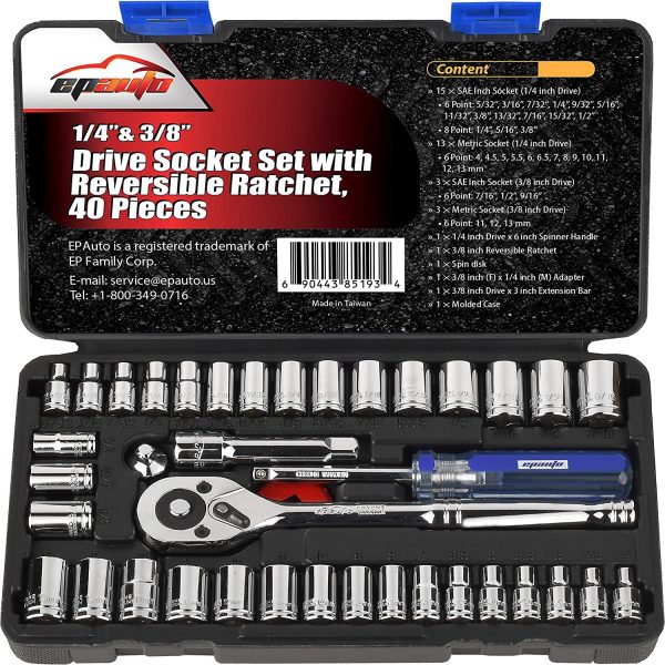 40 Pieces - EPAuto 1/4-Inch & 3/8-Inch Drive Socket Set with 72 Teeth Reversible Ratchet - Image 3