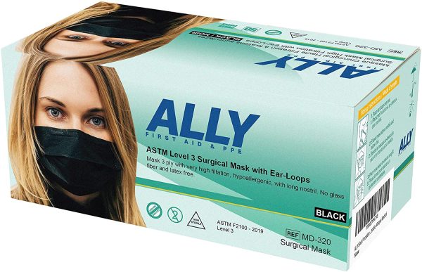 ALLY Black Procedure Masks with Ear-Loops (50pcs) ASTM Level 3 Surgical Masks, Medical Masks, Disposable Face Masks, Masque Chirurgical ?? Fixations Auriculaires, Masques Jetable, Masque Medical - Image 8