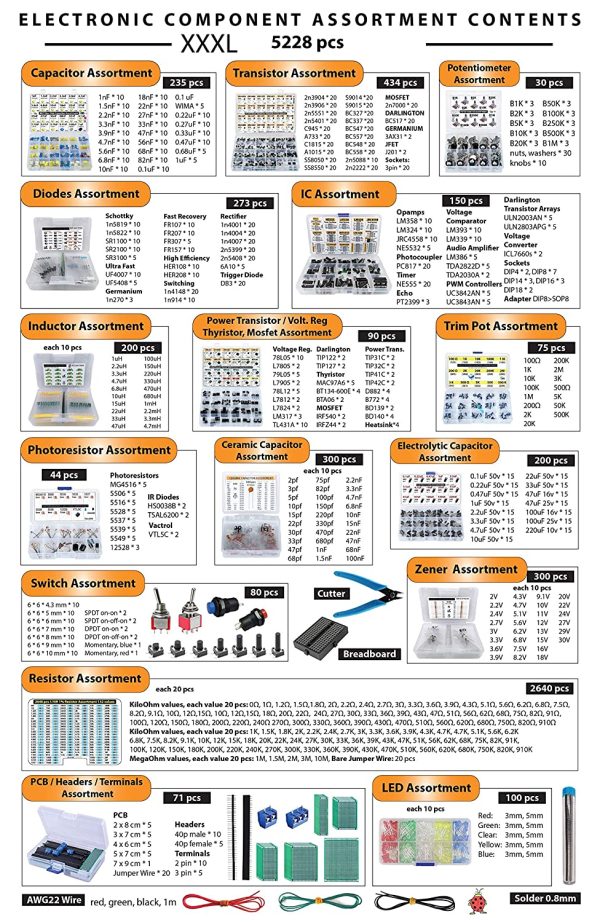 XXXL Electronic Component Assortment Box Kit, 5228 pcs, Capacitors, Transistors, Potentiometers, Diodes, ICs, Inductors, Regulators, Mosfets, Trim Pots, LEDs, PCB, Photoresistors, Terminals, Resistors - Image 5