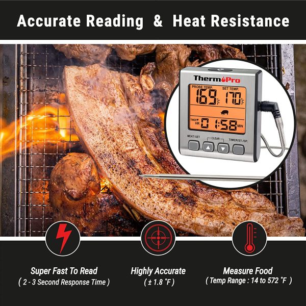 ThermoPro TP16S Digital Meat Thermometer for Cooking and Grilling, BBQ Food Thermometer with Backlight and Kitchen Timer, Grill Temperature Probe Thermometer for Smoker, Barbecue, Oven, Baking,Oil - Image 3