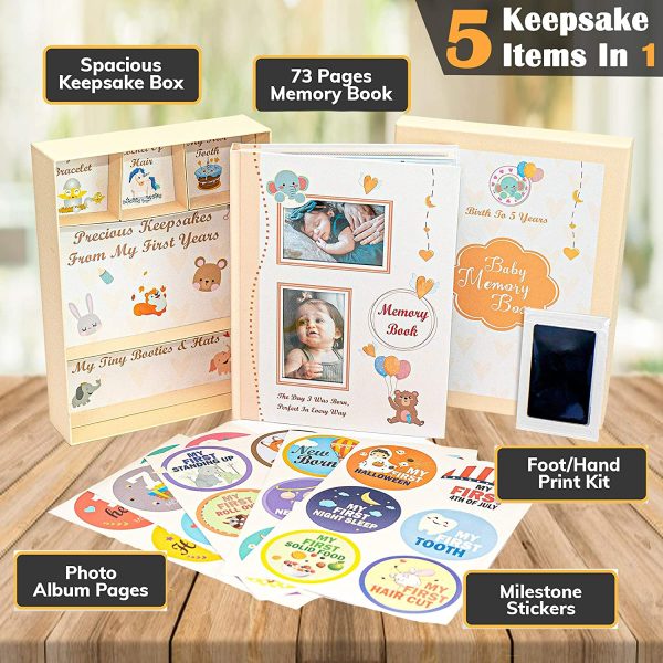 Pearly Tale Baby Memory Book Kit ??73 Page Baby Journal with Baby Album Pages, Keepsake Box, Handprint Kit and Baby Milestone Stickers. Gender Neutral Baby Shower Gifts (And Same Gender Parents) - Image 4