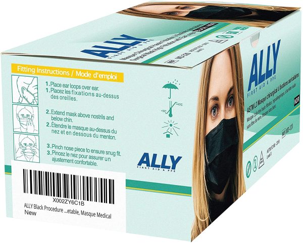 ALLY Black Procedure Masks with Ear-Loops (50pcs) ASTM Level 3 Surgical Masks, Medical Masks, Disposable Face Masks, Masque Chirurgical ?? Fixations Auriculaires, Masques Jetable, Masque Medical