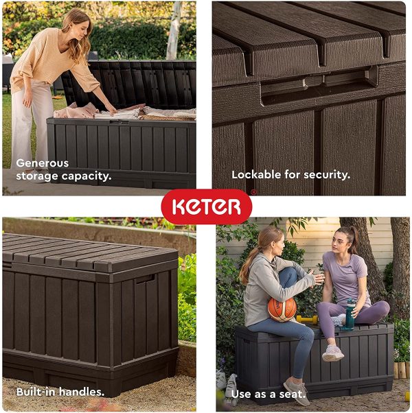 Keter Kentwood 90 Gallon Resin Deck Box-Organization and Storage for Patio Furniture Outdoor Cushions, Throw Pillows, Garden Tools and Pool Toys, Brown - Image 3