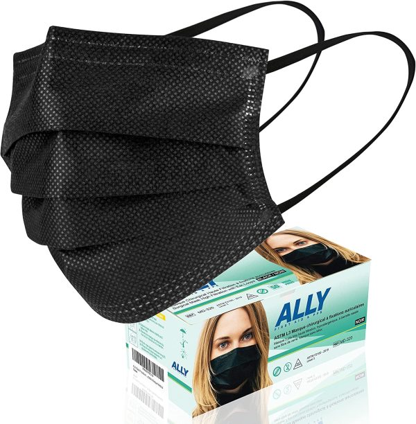 ALLY Black Procedure Masks with Ear-Loops (50pcs) ASTM Level 3 Surgical Masks, Medical Masks, Disposable Face Masks, Masque Chirurgical ?? Fixations Auriculaires, Masques Jetable, Masque Medical - Image 4