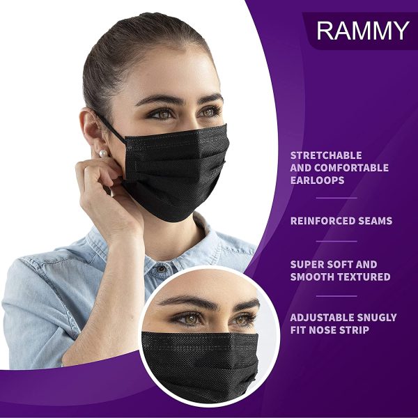 Rammy Premium Face Masks - Pack of 50 Disposable Black Face Masks with Adjustable Nose Strip & Comfortable Earloops - Image 2