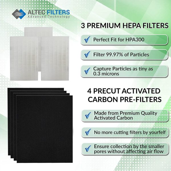 Altec Filters True HEPA Premium Quality Replacement Filters Compatible for HPA300 Air Purifier, 3 True HEPA Filters Plus 4 Activated Carbon Prefilters HRF-R3 HRF-AP1 Filter R HPA300c - Image 7