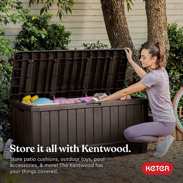 Keter Kentwood 90 Gallon Resin Deck Box-Organization and Storage for Patio Furniture Outdoor Cushions, Throw Pillows, Garden Tools and Pool Toys, Brown - Image 6