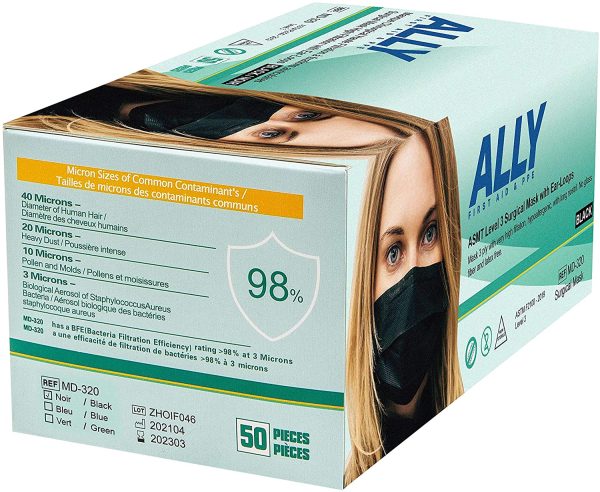 ALLY Black Procedure Masks with Ear-Loops (50pcs) ASTM Level 3 Surgical Masks, Medical Masks, Disposable Face Masks, Masque Chirurgical ?? Fixations Auriculaires, Masques Jetable, Masque Medical - Image 9