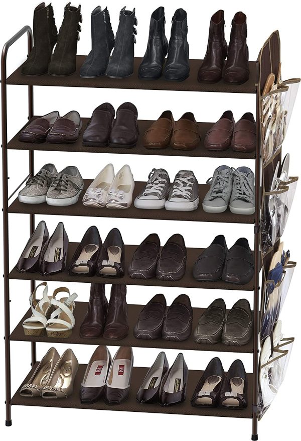 SimpleHouseware 6-Tier Shoe Rack Storage Organizer 34-Pair w/Side Hanging Bag, Bronze - Image 4