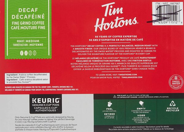 Tim Hortons Decaf Single Serve Coffee Cups, 80 Count