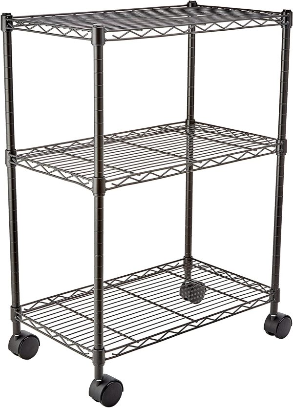 Amazon Basics 3-Shelf Adjustable, Heavy Duty Storage Shelving Unit on 4'' Wheel Casters, Metal Organizer Wire Rack, Black (23.2L x 13.4W x 32.75H) - Image 5