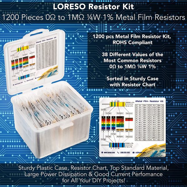 LORESO Resistor Assorment Kit Box - Case of 1200 Pieces 38 Value 1/4W 1% Metal Film Resistor Pack ROHS Compliant 0 to 1M Ohm Common Resistors for Hobby Electronics, Audio-Video Electronic DIY Project - Image 2