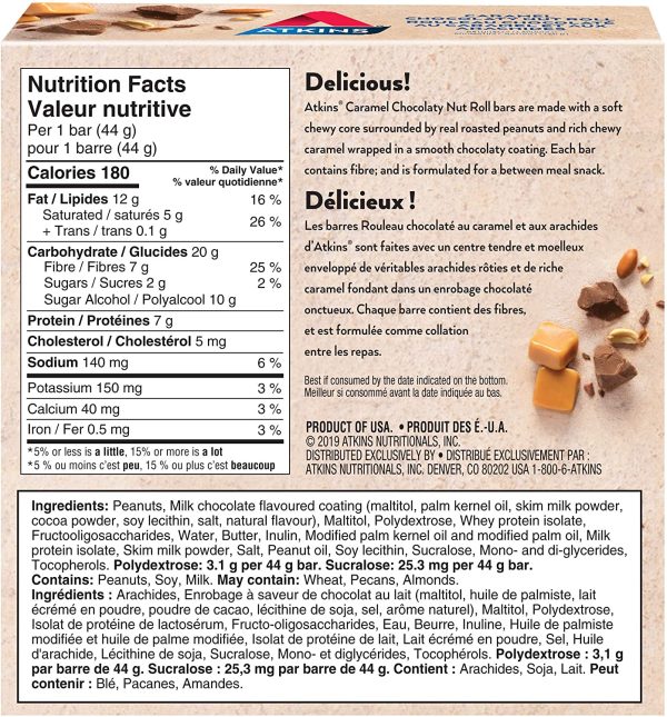 Atkins Snack Bars - Caramel Chocolaty Nut Roll, 2g Sugar, Keto-Friendly, High Fibre 5 count - Image 5