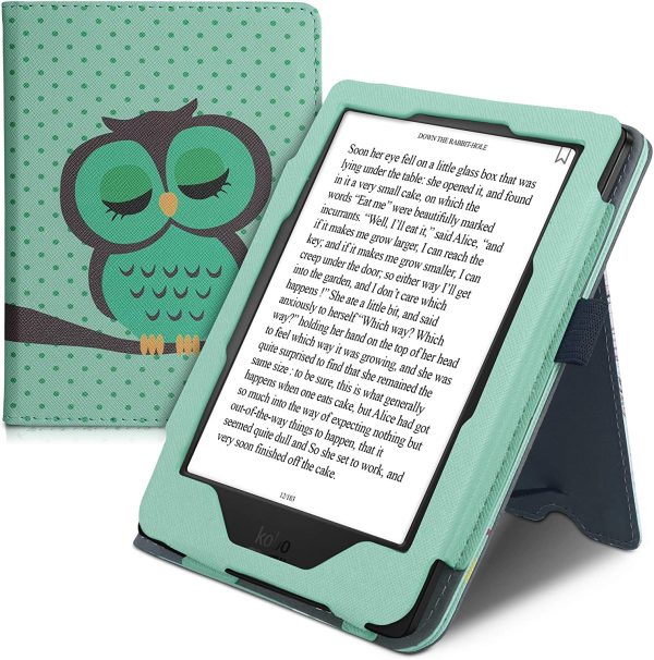 kwmobile Case Compatible with Kobo Clara HD - Case PU Leather Cover with Magnet Closure, Stand, Strap, Card Slot - Sleeping Owl Turquoise/Brown/Mint - Image 7