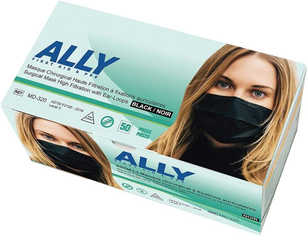 ALLY Black Procedure Masks with Ear-Loops (50pcs) ASTM Level 3 Surgical Masks, Medical Masks, Disposable Face Masks, Masque Chirurgical ?? Fixations Auriculaires, Masques Jetable, Masque Medical - Image 2