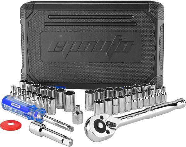 40 Pieces - EPAuto 1/4-Inch & 3/8-Inch Drive Socket Set with 72 Teeth Reversible Ratchet